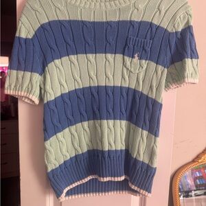 Ralph Lauren Striped Cable-Knit Short Sleeve Sweater in Blue & Mint